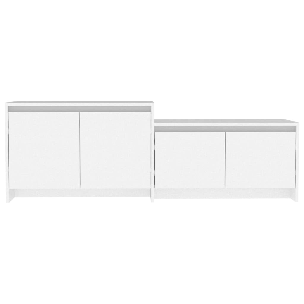 Szafka TV biała 146,5 x 35 x 50 cm, materiał drewnopochodny, 4 drzwi, trwała, do salonu, konsola medialna, uniwersalna podstawka pod telewizor, łatwy montaż