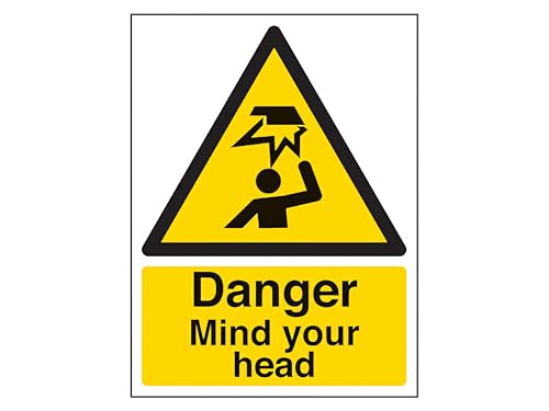 Image of The Workplace Depot Mind Your Head Warning Safety Sign, 300 x 200 mm Portrait, 1 mm Rigid PVC or Self-Adhesive Vinyl, Low-Clearance Hazard for Construction & Warehouses (Vinyl (Self Adhesive))