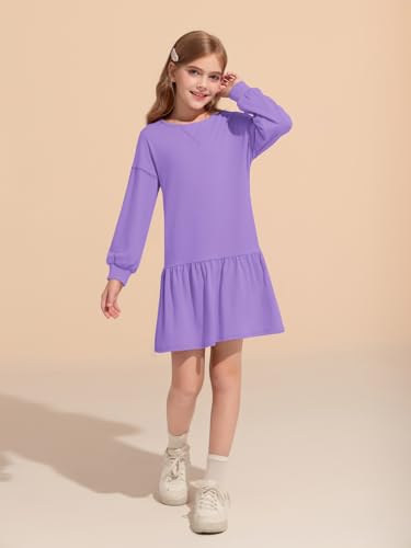 Haloumoning Girls Long Sleeve Dresses Sweatshirt Dress Kids Casual Crewneck Rib Knit Mini Dress 5-14 Years3