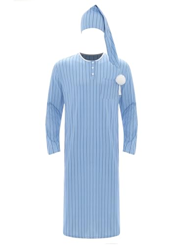 Men's Casual Pajama Sets Long Sleeve Striped Robe Pullover Nightshirt Sleeping Cap with Pom Balls4