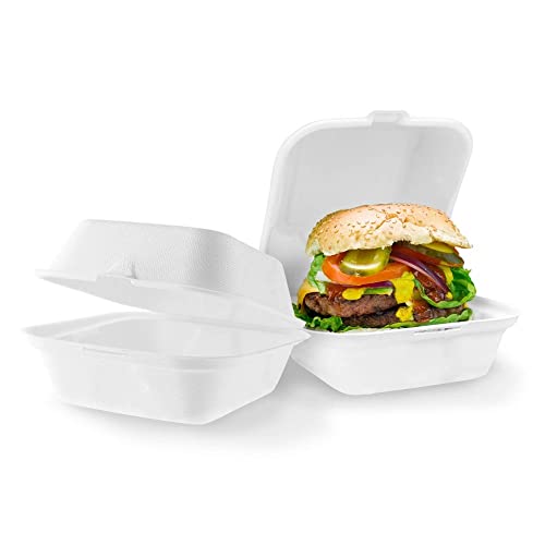 Bagasse Clamshell Takeaway Burger Box - 6 Zoll - 50 Stück - Super Rigid Biologisch abbaubare, kompostierbare und recycelbare Einweg-Lebensmittelboxen - Hergestellt aus natürlichem Zuckerrohrzellstoff Cover