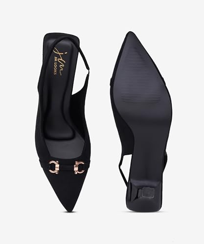 Image of JM LOOKS Women's Sophisticated Pointed Toe Slingback Kitten Heels with Metallic Buckle Accent for Professional and Evening Elegance