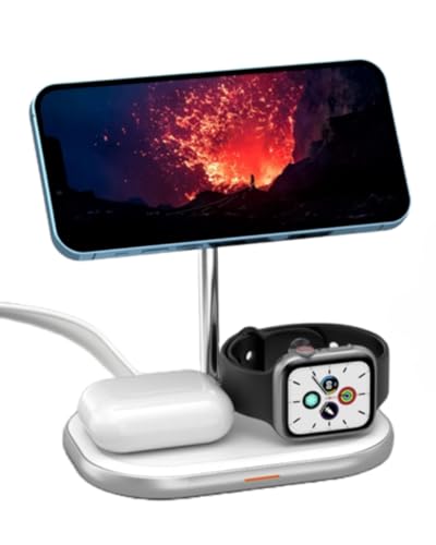 Energizer Stazione di Ricarica Wireless 3 in 1 | 15W per iPhone MagSafe e Android, 5W per AirPods e Apple Watch | Caricatore Wireless Rapido con LED, USB-C, Supporto Magnetico Regolabile - WCP303