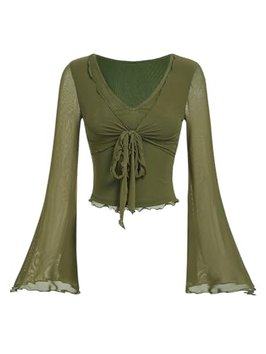 Verdusa Women's Y2k Bell Sleeve V Neck Mesh Going Out Crop Top
