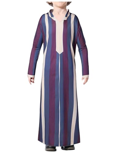 WSPLYSPJY Boys Muslim Thobe Striped Maxi Kaftans Kids Hooded Long Sleeve Arab Gown Islamic Robe
