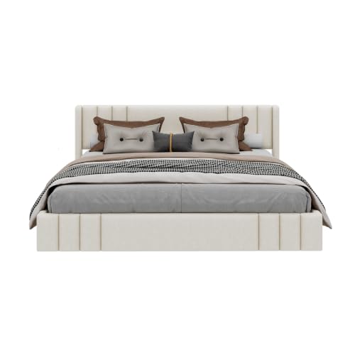 Image of Harper & Bright Designs King Size Low Platform Bed with Upholstered Headboard and Wooden Slats Support for Bedroom, Beige