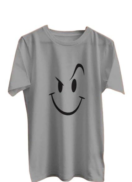 Men's Stylish Grey T-Shirt with Mischievous Smiley Face Print Trendy Casual Wear Soft & Comfortable Fabric-image-1