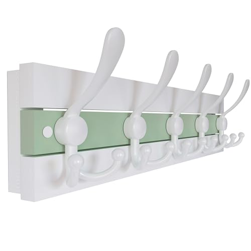 Image of SKOLOO Coastal Wall Mounted Coat Rack - 16-7 /8 inch Beach House Entryway Wooden Coat Hook with 5 Hooks for Hanging Coats, Hats or Towels, Oceanfront Cottage Core Collection, White & Green