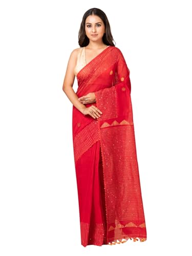 Image of Handloom Muslin Tissue Jamdani Cotton Silk Saree with Sequins Blouse