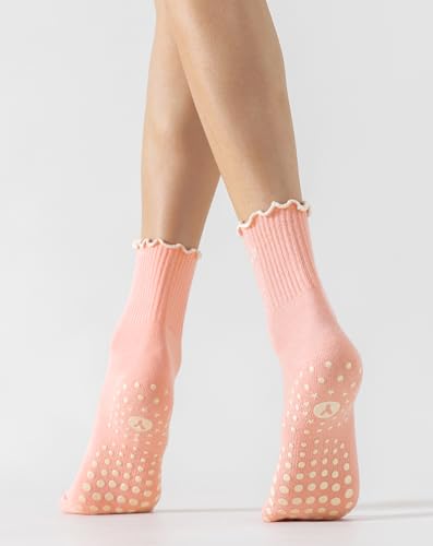 Image of Yawlsow Cute Pilates Grip Socks for Women Ruffle Frilly Yoga Socks Non Slip Cotton Crew Grippy Sock for Barre Workout