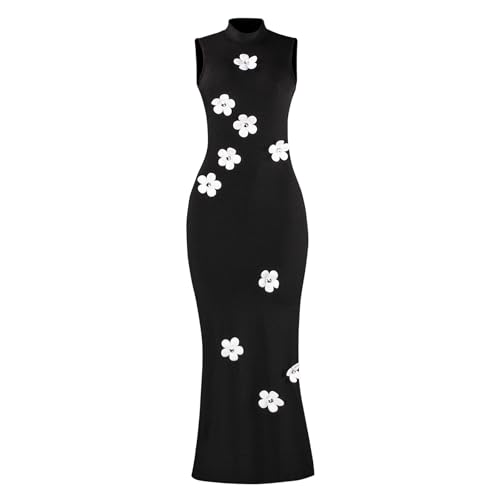 Women Sexy Mock Neck Sleeveless Bodycon Maxi Dress Cut Out Backless 3D Flower Tank Long Party Dress2