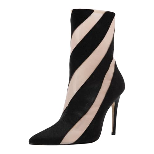 FSJ Women Sexy Pointed Toe Ankle Boots Elastic Mesh Multicolor Stiletto Heel Stretch Stripes Side Zipper Sock Booties Shoes Size 4-16 US