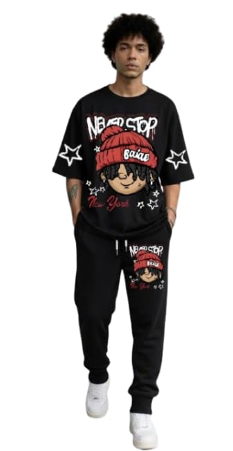 Never Stop Tracksuit for Boys and Men, Black Graphic Print T-Shirt and Jogger Pants Set (IN, Alpha, L, Regular)-image-1