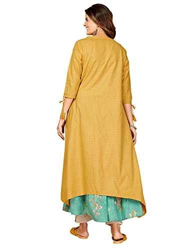 Image of Vbuyz Women's Printed & Embroidered Anarkali Blue Viscose Rayon Kurta With Musturd Cotton Stylish Shrug |Women Kurtas|Stylish Shrug Kurta set|Shrug set|kurta for women