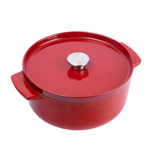 KitchenAid Cast Iron Cocotte en Fonte Émaillée avec Couvercle, Ø 26cm, Ronde, 5,2L, 6kg, Haute Qualité & Durable, Saisir, Frire, Sans PFAS, Induction,Poignée Ergonomique, Au four à 260°C, Rouge Empire
