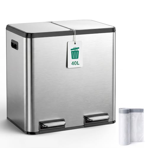 YEAUPE PRO Poubelle Cuisine 40L (2x20L) 2 Bacs Inox Double Poubel...