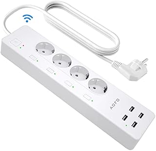 AOFO Inteligentna listwa zasilająca, zdalne sterowanie, inteligentne gniazdko Wi-Fi, z ochroną przed przepięciem, z 4 niezależnymi wyjściami AC (4000 W, 16 A) i 4 portami USB, kompatybilne z Google Home