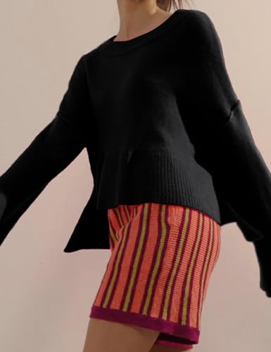 Image of Sweaters for Women Bell Long Sleeve Crewneck Side Slit Fall Winter Casual Oversized Pullover Knit Sweater Top (Black-S)