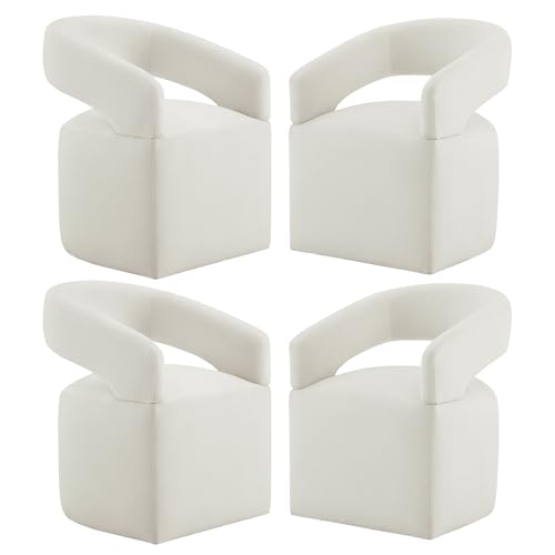Image of KISLOT Upholstered Dining Chairs Set of 4, Modern Rolling Dining Chairs with Hidden Casters, Arm Kitchen Chairs with Linen Look Fabric, Padded Barrel Chairs for Dining Room, Kitchen, Bedroom, Ivory