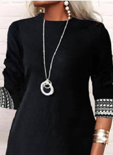 Women's Classy Black and White Aztec Print Trim Dress 2025 Summer Casual Round Neck Long Sleeve Semi Formal Mini Dresses3