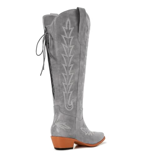 Image of Uillnoodu Wide Calf Cowboy Boots Women Knee High Tall Western Cowgirl Boots Adjustable Lace Up Plus Size Comfortable 2-Inch Heel