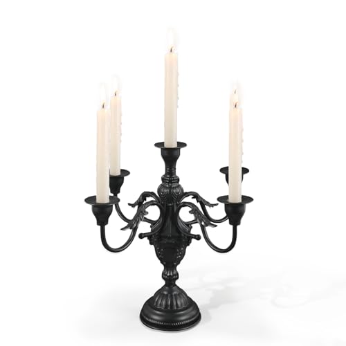 Matte Black Candelabra Candle Holder, 13 Inch Tall, 5 Arm Metal Candlestick for Taper Candles, Vintage Gothic Centerpiece for Wedding, Halloween, Christmas Dining Room Decor (5 Arm)
