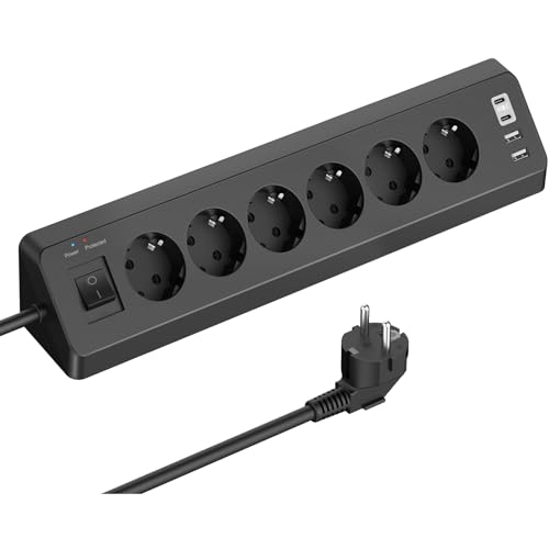 Prise d'angle avec 4 USB(2 Type-C), multiprise à 6 Compartiments avec Interrupteur, multiprise de Protection Contre Les surtensions avec USB C et câble de 2M pour la...
