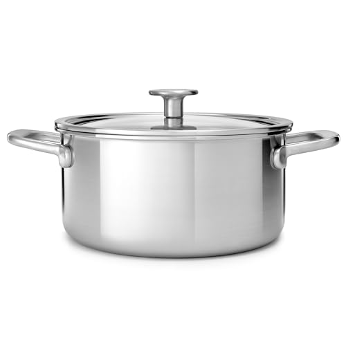 KitchenAid MultiPly 3PLY Casserole en Acier Inoxydable Sans PFAS avec Couvercle en Verre, 24 cm/4,9 L,Triply, Multiclad, Induction, Va au Four jusqu'à 220°C, Lave-Vaisselle, Argent
