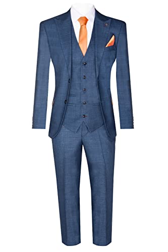 Mens 3 Piece Blue Suit Prince of Wales Check Classic Light Tailored Fit Modern