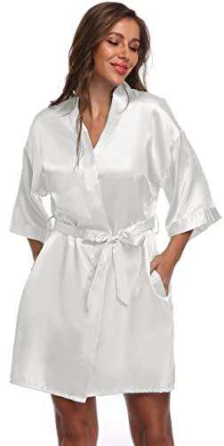 FADSHOW Women's Solid Color Kimono Robes Bathrobes Short Wedding Robes for Bridal Party,White,XX-Large