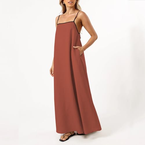 Image of Senllen Women's Linen Dress Summer Loose Flowy Sundress Contrast Spaghetti Strap Sleeveless Backless Beach Maxi Long Dresses