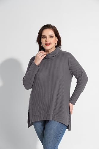 Image of RITERA Women's Plus Size Waffle Tops Long Sleeve Turtleneck Sweater Shirts Knit Tunic Oversized Casual Pullover Blouse XL-5XL