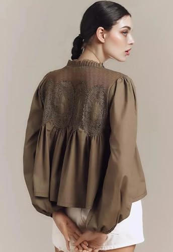 VAOYIU Women Lace Poplin Ruffle Mesh Blouse Long Sleeve Crew Neck Swing Babydoll Tops Elegant Shirt with Embroidery3