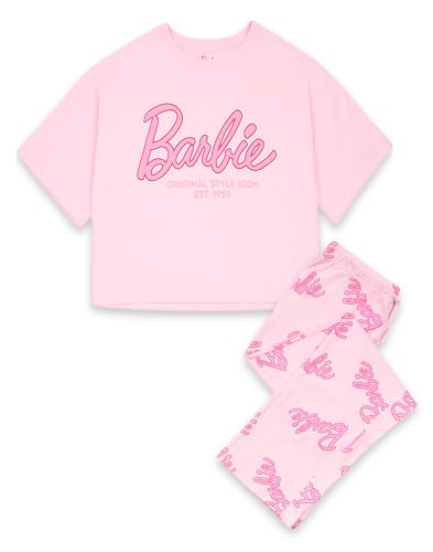 Barbie Womens Pyjama Set in Pink | Ladies Cropped Short Sleeve Graphic Tee & Long Leg All Over Print Bottoms PJs | Classic Logo Original Style Icon | Doll Movie Apparel Merchandise Gift for Her