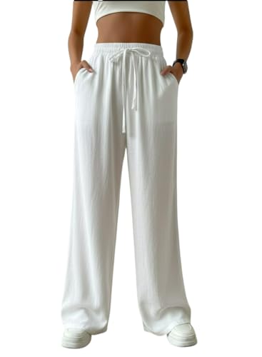 Image of ALYNE Women's Wide Leg Pants High Waisted Linen Look Textured Blend Drawstring Palazzo Trousers with Pockets Casual Relaxed Fit Flowy Soft Comfort Long Pants