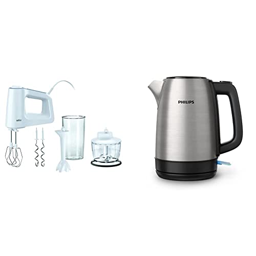 Braun MultiMix 3 HM 3135 mikser ręczny, w zestawie trzepaczka, hak do zagniatania, blender do puree z rozdrabniaczem, 600 ml, 500 W, biały & Philips Domestic Appliances HD9350/90 czajnik elektryczny, stal nierdzewna, 1,7 l, czarny