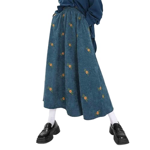 Women's Retro Corduroy Skirt Spring and Autumn Embroidered Flower Long Skirt Forest Series Over Knee Skirt