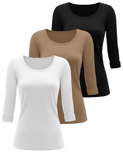 Huukeay 3 Pack 3/4 Length Sleeve Women's Tops Trendy Crew Neck Roll Basic Tees Top Dressy Loose Casual T-Shirt Blouses2