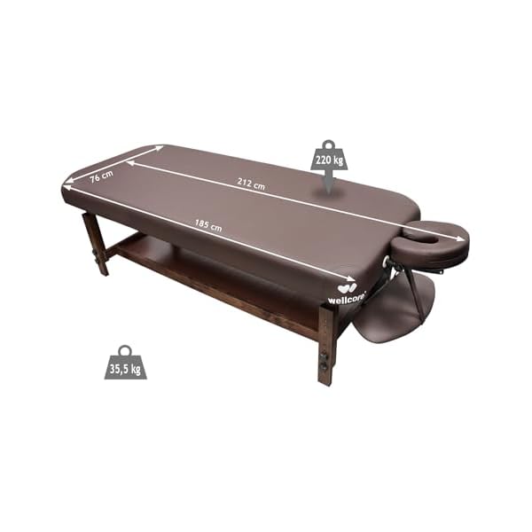 QUIRUMED WELLCORE Table de Massage Fixe en Bois avec Appui-Tête, 185-212 x 76 cm, Hauteur Réglable, Rembourrage 14 cm, avec Étagère Inférieure, Marron