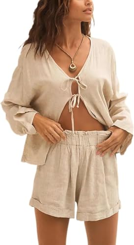 2 Piece Outfits for Women Long Sleeve Lace up Shirts Short Sets Summer Lounge Matching Sets with Pockets(Beige-S)