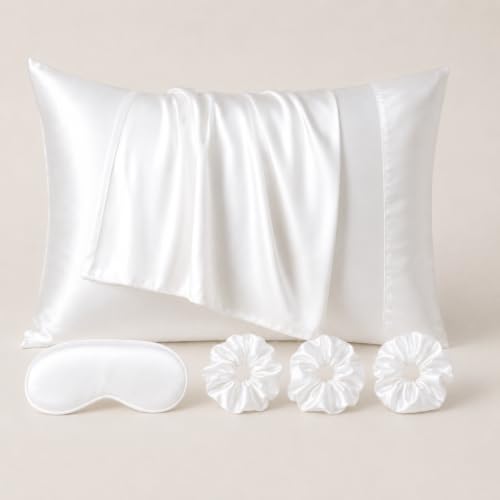 Ensemble cadeau 6 pièces taies de satin Cathay Home, taies Queen 20 x 30 po, masque de sommeil et 3 chouchous à cheveux, blanc