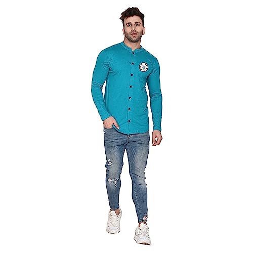 Image of Geum Men's Mandarin Collar Shirt | Slim Fit Full Sleeve Casual Shirt with Printed Chest Logo | Soft Cotton Blend Stylish Button Down for Party, Office