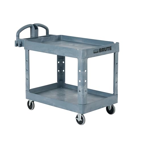 Image of Rubbermaid Commercial Products BRUTE Heavy Duty 2-Shelf Utility /Service Cart, Large, Lipped Shelves, Ergonomic Handle, 750 lbs. Capacity, Black, for Warehouse /Garage /Cleaning /Maintenance /Stadiums
