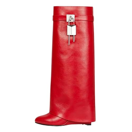 Image of keleimusi Fold Over Wedge Boots Heeled PadLock Pant Knee High Shoes Tall /Short Booties