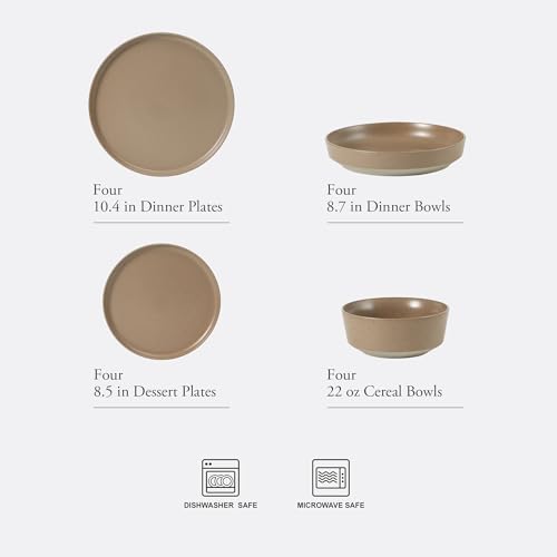 Image of Gibson Elite Overbrook 16-Piece Pottery Clay Stoneware Dinnerware Set - Terraccotta Brown Reactive Glaze, Stackable Plates and Bowls w /Pasta Bowl, Service for 4 - Microwave & Dishwasher Safe