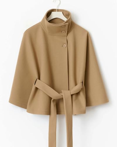 CHARTOU Women Batwing Sleeve Ponchos Pea Coat Wool Stand Collar Belt Capes Jacket Winter Cropped Overcoat3