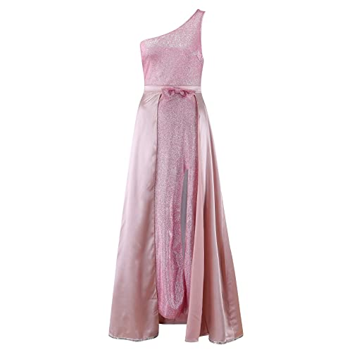 Womens Maxi Long Dress Blushing Pink Sleeveless Pure Color Split Patchwork One Shoulder Elegant Formal Party Dress (Pink, S) #TOP5