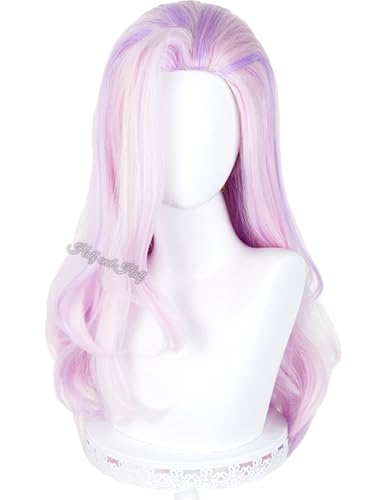 Image of Takako Uro Cosplay Wig Long Curly Pink and Light Purple Anime Wig for Women Vibrant Pink Wigs with Long Side Part Bangs for Halloween Party Daily
