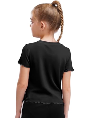 Girls Crew Neck Short Sleeve T-Shirt with Lettuce Hem Button Accent Solid Color Top for School Outings Daily Wear2
