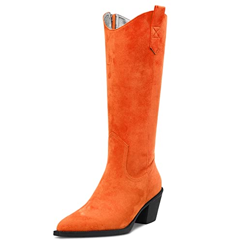 DearOnly Womens Western Cowboy Cowgirl Boots Mid Calf Pull-Up Closed Pointed Toe Block Chunky Heel Zipper Suede Dress Shoes Classic 2.5 Inch